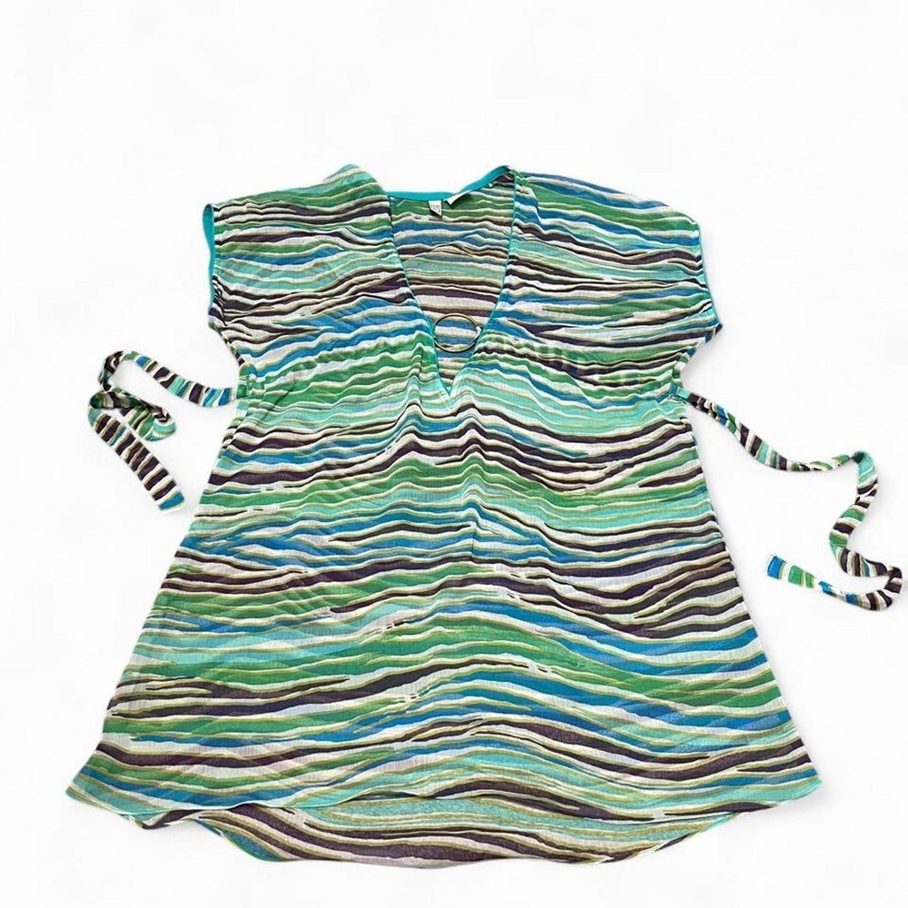 Y2K green, blue, and brown wavy striped sheer blouse with tie straps
